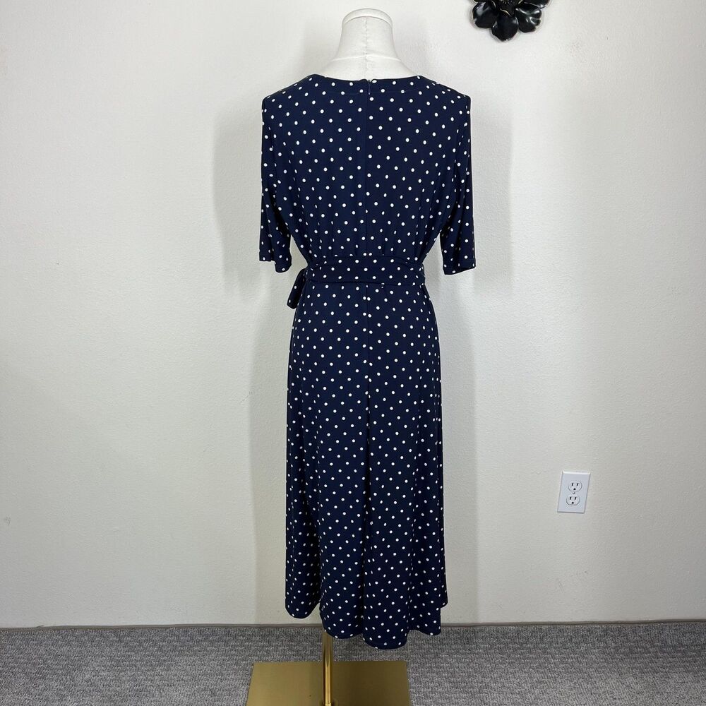 Anne Klein Dress Womens 10 Blue Polka Dot Belted Midi Fit Flare Work Office - Picture 2 of 8